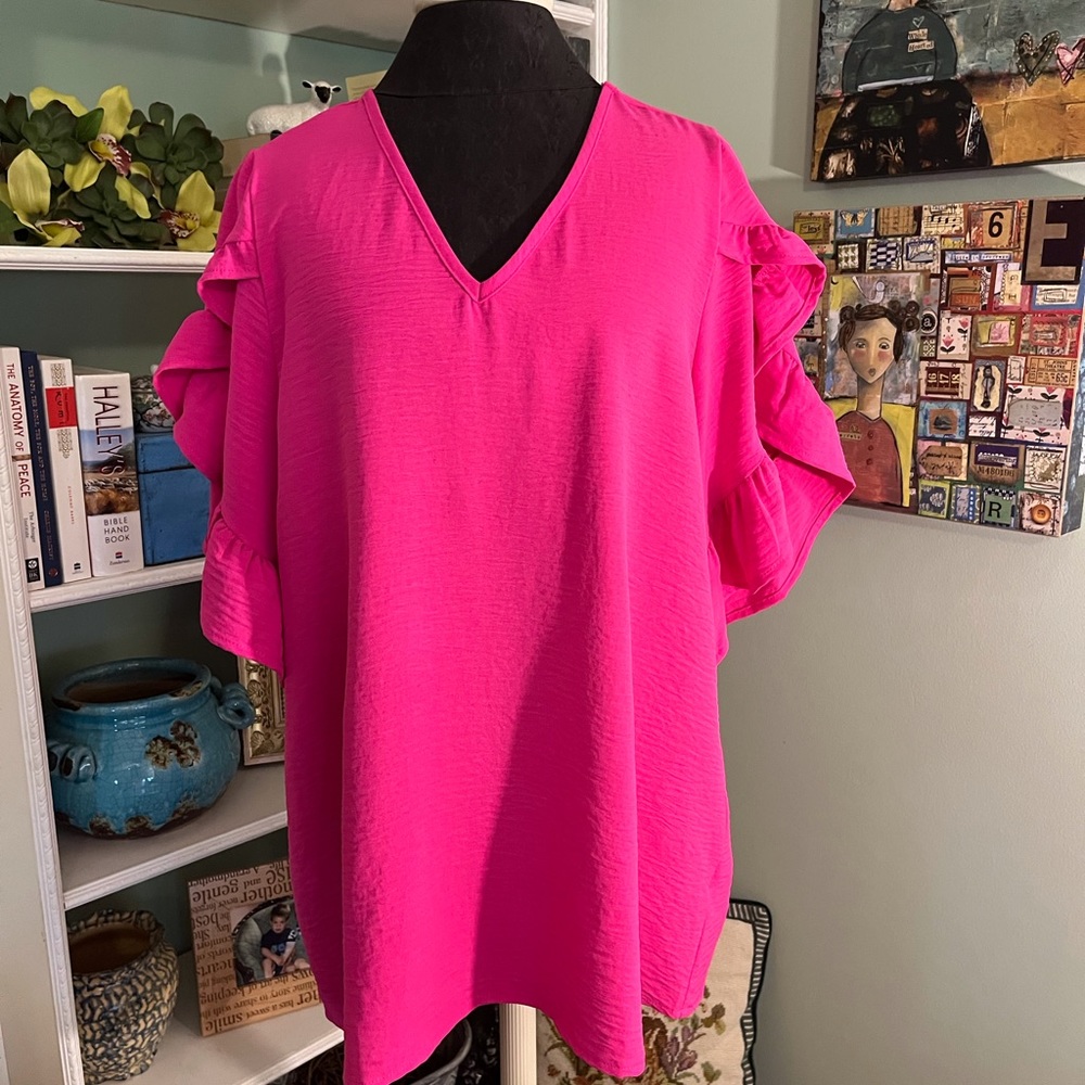 Boutique Brand, Bright Pink, Ruffle Sleeve Top,  SIZE XL